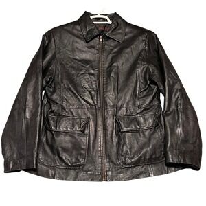 Vintage Mens Black Leather Biker Jacket XL Zip‎ Front Pockets Lined